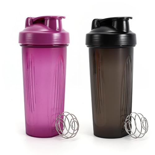 Coctelera de proteínas de 600 ml, larga duración, sin BPA y antigoteo, para batidos cremosos de proteínas en polvo (negro y morado)
