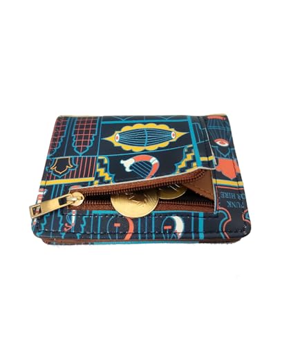 Image of Funk For Hire Unisex Vegan Leather Small Card Wallet Navy Blue Printed Mini Bifold with Coin Zipper Pocket Compact Slim Wallet for Cash & Cards