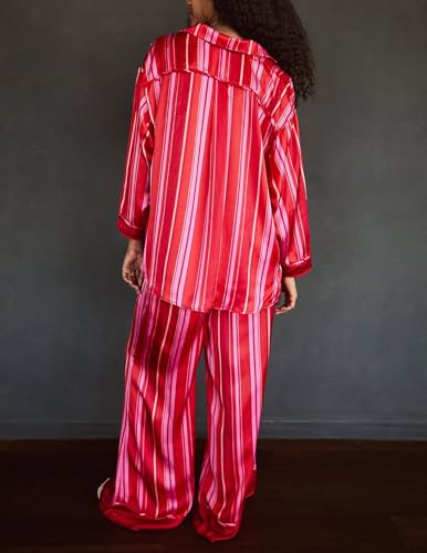 Image of Women Floral Satin Pajamas Long Sleeve Button Shirt Silk Wide Leg Pants Set
