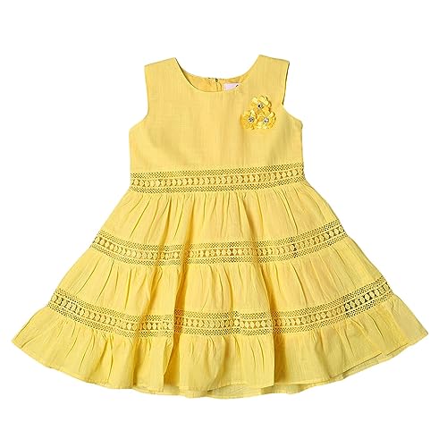 Image of Soft Cotton Lace Work Knee Length Fit & Flare Dress for Kids & Girls, Flower Embellished Frock for Casual & Special Occasion