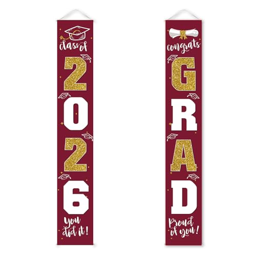 Image of Graduation Decorations 2026 Banner Porch Sign Maroon Burgundy Red Gold for Class of 2026 Graduates Party Supplies