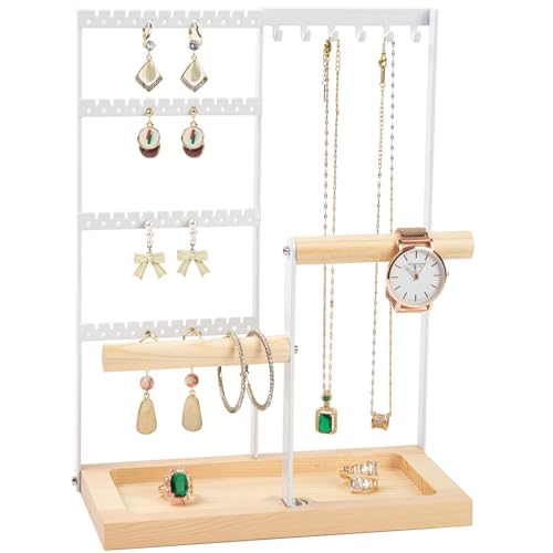 Jewelry Organizer Stand, Jewelry Holder, Lengnoy 4 Tier Earring Holder with 48 Holes and 6 Hooks Necklace Organizer Wood Box for Necklace Bracelet Earring Ring, White