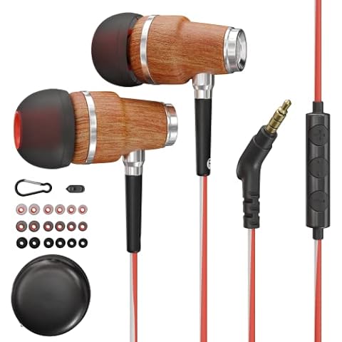 Symphonized Wired Earphones with Microphone - Wood Earbuds with Mic, Noise Isolating Ear Buds Corded for Android, Computer, PC & Laptop, In Ear Headphones, Ear Phones with 3.5 mm Jack (Orange & Gray) Cover