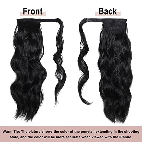 FAELBATY Ponytail Extension Long Curly Wave Magic Paste Black Ponytail Extension Wrap Around Ponytail Hair for Women Heat Resistant Synthetic Hair Ponytail(20Inch 1B#) - Image 2