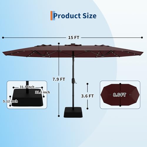 15FT Rectangular Patio Umbrella with Solar Lights & Base Included - Large Patio Umbrella with Crank Handle, UV Protection for Outdoor Market, Backyard, Pool - Burgundy