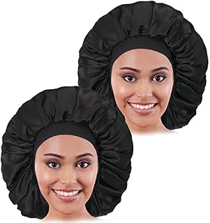 2PCS Large Satin Bonnet, Raibaubl Silk Bonnet With Elastic Soft Band, Big sleep cap For Women Hair Care, Jumbo Bonnet For Braids Natural Long Hair, Curly Hair (Black+Black)