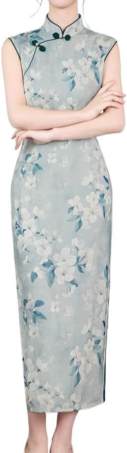 HEARTTOUCH Women Vintage Chinese Cheongsam Elegant Print Qipao Sleeveless Party Cocktail Dresses for Event Tea Parties