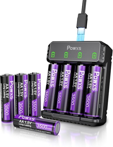 POWXS 8X AA Lithium Akkus 3500mWh mit Batterie Ladegerät | Schnellladung für AA/AAA Akkus | Wiederaufladbare Batterien für Kameras, Spielzeug, Fernbedienungen