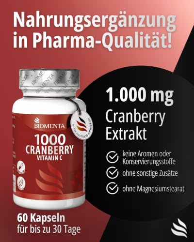 Foto von BIOMENTA Cranberry Kapseln hochdosiert I 60 Vegane Einheiten mit 1000mg Pflanzenextrakt & Vitamin C I Großfrüchtige Moosbeere Extrakt I Für normales Immunsystem & Oxidativen Zellschutz *