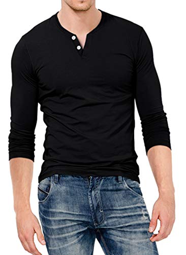 KUYIGO Mens Henley Shirts Slim Fit Long Sleeve Casual Button Fashion Cotton V Neck Tops Tee