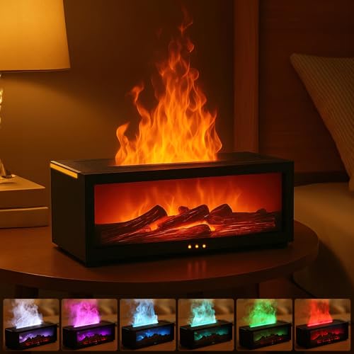 comeder Flame Diffuser, 150ml Ultrasonic Cool Mist Humidifier, 3D Fireplace Essential Oil Aromatherapy Diffuser, 7 Colour with Remote Control, Auto Shut-Off & Timer, for Home, Bedroom, Spa