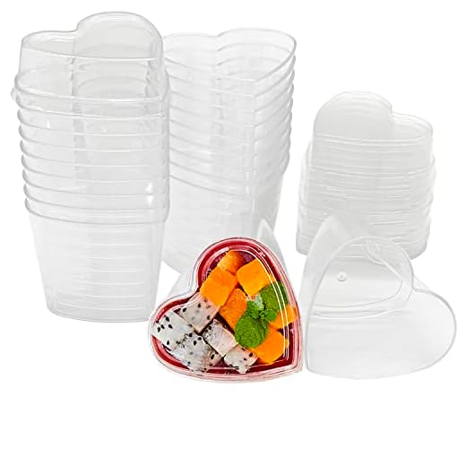 Tazas/Vasos De Postre con tapas - 20 piezas Cuencos De Postre de 150ml En forma de corazón Copa de Aperitivo Transparente Reutilizable Parfait Tazón para mousse, pudín, bodas, cumpleaños, fiestas