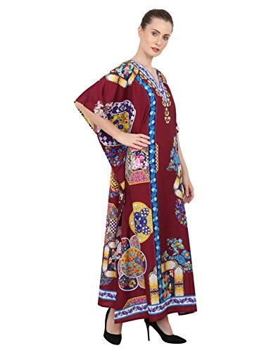 Image of Miss Lavish London Maroon Kaftan Dresses for Women V Neck Batwing Sleeve Beach Vacation Bikini Swimsuit Cover Ups,Resort Wear Cruise Coverup-Maroon-3XL