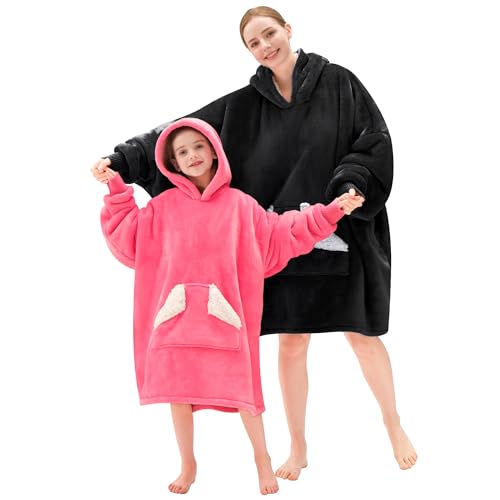 Touchat Wearable Blanket Hoodie, Oversized Sherpa Blanket Sweatshirt with Hood Pocket and Sleeves, Gifts Hooded Blanket for Adult Women Men (Black)