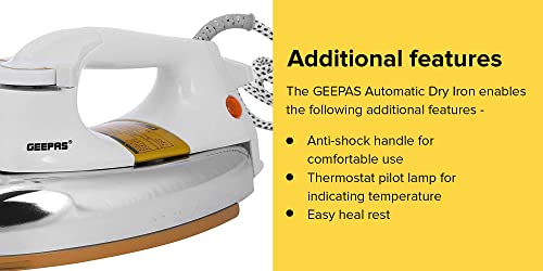 مكواة أوتوماتيك جافة بهيكل حديد متين مع قرص إعدادات وضبط درجة الحرارة ووظيفة الإغلاق التلقائي طراز GDI23014 من جيباس