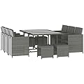 Outsunny 11 Pieces Outdoor Dining Set for 10, Space Saving Wicker Chairs and Glass Table with Cushions and Ottomans, Rattan Conversation Patio Furniture Set for Garden Backyard Deck, Dark Gray