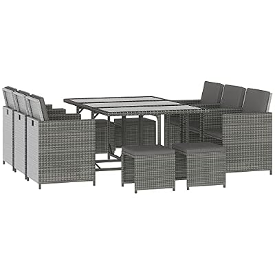 Outsunny 11 Pieces Outdoor Dining Set for 10, Space Saving Wicker Chairs and Glass Table with Cushions and Ottomans, Rattan Conversation Patio Furniture Set for Garden Backyard Deck, Dark Gray