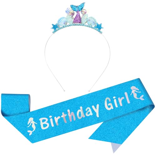 Birthday Girl Sash for Women Girls Mermaid Headbands Happy Birthday Tiara & Crowns for Girls Accessories Favor Supllies Blue 2 Pack