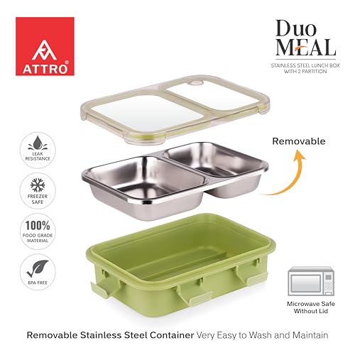 Image of ATTRO Duo Meal Stainless Steel Lunch Box with 2 Partition, Microwave Safe, Airtight Leakproof Silicone Seal Lid, BPA-Free Food Grade Tiffin Box for Office School Kids - 650ml - Green