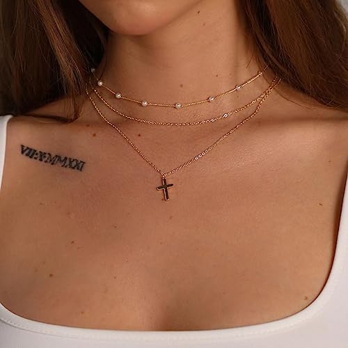 ASCOMY Layered Necklaces for Women Dainty Gold Necklace 14K Gold Plated Herringbone Necklace for Women Pearl Cross Necklace Paperclip Cuban Figaro Rope Satellite Chain Gold Choker Trendy Jewelry Gift4