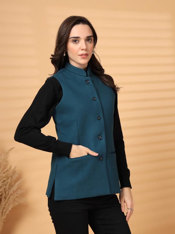 Image of Vastraa Fusion Solid Indian Traditional Ethnic Waistcoat Festive Woolen Nehru Jacket for Women