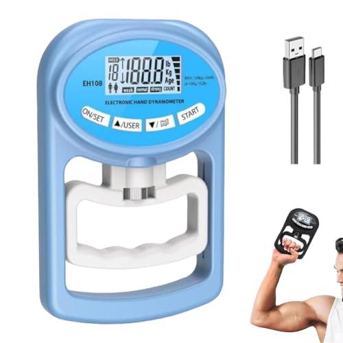 Homaskylynn - Hand Grip Dynamometer Muscle Strength Tester Wrist Strengthener Digital Training Equipment Measurer Monitor Set Rechargeable Electronic Exerciser Gauge 265 Lbs 120 Kgs for Sport Home School(Blue)