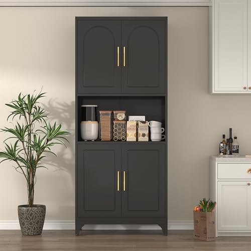 Narrow Kitchen Pantry Cabinet with Acrylic Glass Door, 75”Tall Slim Storage Cabinet with Shelves，Skinny Freestanding Cupboard with Open Shelf for Dining, Living Room, Black, Assembly Require