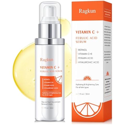 Ragkun Vitamin C 20% Serum for Face, CE Ferulic Acid, Hyaluronic Acid Serum for face, Retinol, Dark Spot Remover for Face Hydrate & Plump Skin Care Anti Aging Wrinkle Brightening Serum-1 oz. Cover