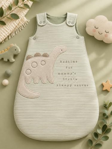 Image of TuddyBuddy Baby Cotton Wearable Quilted Sleeping Bag Blanket 1.5 Tog with 2 Way Zipper Closure | Ideal for Babies & Kids Hypoallergenic Fabrics | (Green Stripes 3D Dino, 0-6 Months)