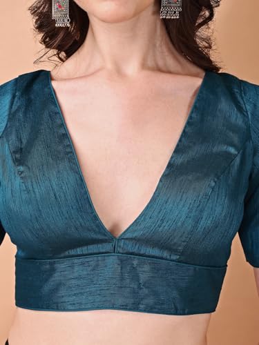 Image of Womanista Women's Dupion Silk Half Sleeve Solid V Neck Readymade Saree Blouse Stylish