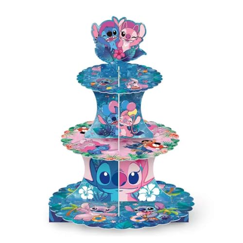 For Stitch Themed Party Supplies and Decorations, a Three-Tiered Cupcake Stand, a Display Stand for Birthday Desserts and Cakes, which is Suitable for Cute-Style Birthday Decorations.