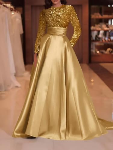 Prom Dresses for Women Sparkly Sequins Long Sleeve Ball Gown Formal Dress with Pockets LW1402