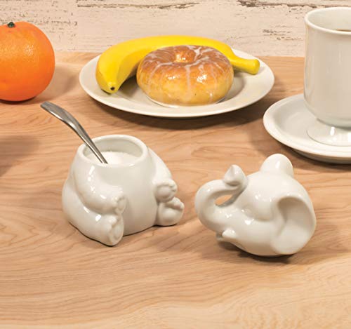 HIC 2 Piece Elephant Sugar Bowl and Creamer with Handle Set, Fine White Porcelain - Thumbnail 4