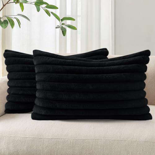 Image of Pallene Faux Fur Plush Lumbar Throw Pillow Covers 12x20 Set of 2, Luxury Soft Fluffy Striped Decorative Pillow Covers for Sofa, Couch, Living Room, Black