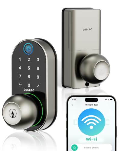 Image of DESLOC D212 Fingerprint Door Knob with WiFi, Smart Keypad Lock for Bedroom, Office & Apartment, Keyless Entry Door Lock with App Control & Auto Lock