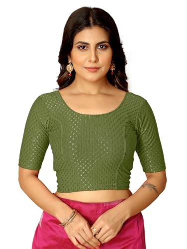 Image of Amazon Brand - Anarva Round Neck Dobby Cotton Lycra Stretchable Elbow Half Sleeve Readymade Saree Blouse for Women Stylish