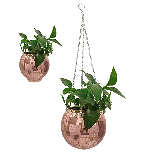 Boshen 6 Inch Disco Ball Planter Unique Hanging Disco Ball Plant Holder For Window Boho Disco Ball Decor Plant Pots For Indoor Plants, For Plant Lover - Rose Gold #TOP16