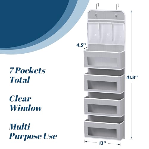 Image of Simple Houseware 4 Clear Window Pocket Over Door Storage Hanging Organizer with 3 Clear Pockets for Bedroom, Bathroom, Pantry, Gray