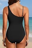 Yonique Women One Piece One Shoulder Swimsuit Mesh Bathing Suit Tummy Control Swimwear Solid Black XL