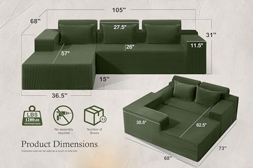Image of HABUTWAY Sectional Couches for Living Room,No Assembly L Shaped Couch 105 inch Modular Sectional Sofa Couch with Deep Seat,Cloud Couches Furniture Sets for Apartment,Corduroy (Green, Left Facing)
