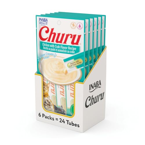 Image of INABA Churu Cat Treats, Lickable, Squeezable Creamy Puree Cat Treat with Green Tea Extract & Taurine, 0.5 Ounces Each Tube, 24 Tubes (4 per Pack), Chicken with Crab Recipe