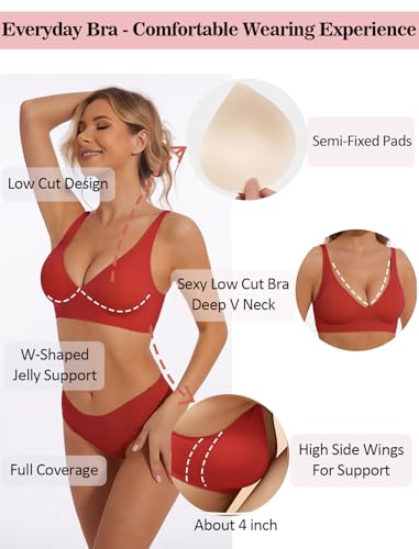 Image of Deep V Bra Wireless Sexy Push Up Bralette Padded Seamless Jelly Bra | Low Cut Plunge V-Neck, Wide Straps, Back Smoothing, Bras for Women No Underwire, Soft Comfortable Bralettes