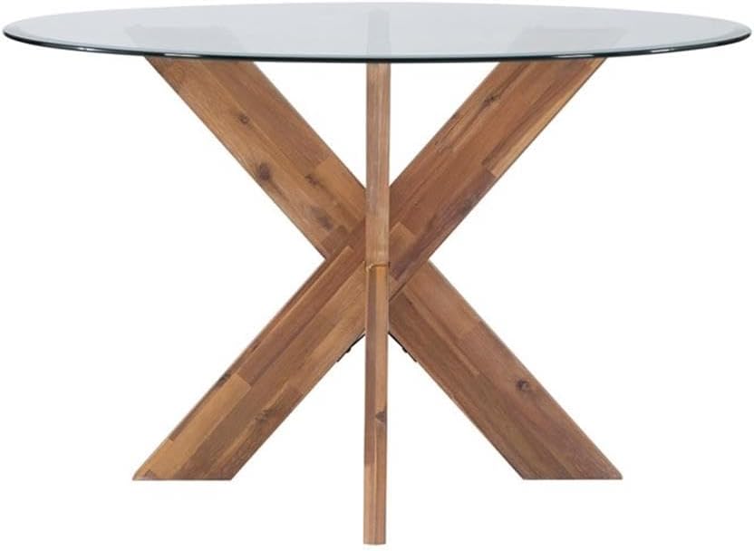 BOWERY HILL Modern 5-Piece Dining Set, 48 in Round Acacia Wood Table, Beveled Tempered Glass Top, Natural Finish, Upholstered Chairs with Linen Fabric, Nailhead Trim, Compact Rustic Dining Room
