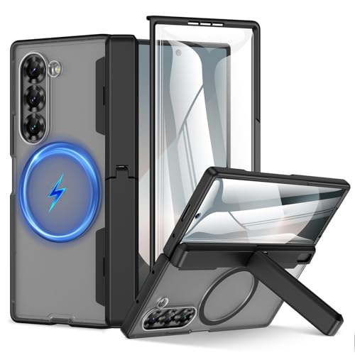 HWeggo for Samsung Galaxy Z Fold 6 Case with Kickstand & Front Screen Protector, with Magnetic Charging Magnetic Hinge Protection, Shockproof Protective Phone Case Cover, Black