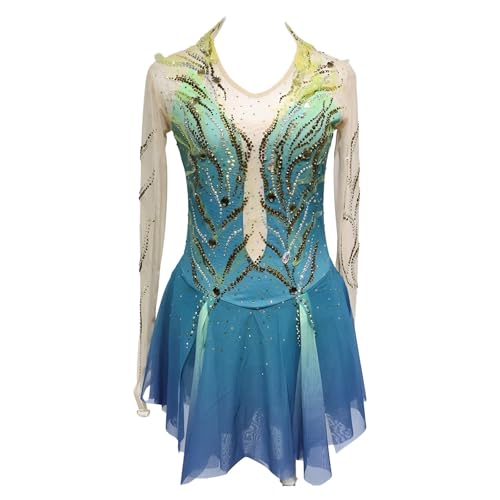 Girl's Figure Skating Dress with Rhinestone, Long Sleeves High Elasticity Ice Skating Dresses for Competition(XL) Blue