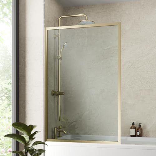 Luxura® 800 x 1400mm Brushed Brass Over Bath Shower Screen Fixed Door Glass Panels & Screens for Baths, Bathroom Framed Square Design, 6mm Toughened Safety Glass