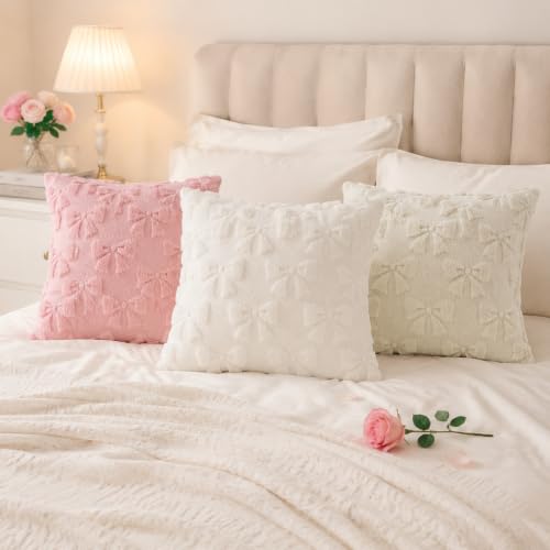 Image of decorUhome Beige Bow Pillow Covers Set of 2 Coquette Aesthetic Cute Preppy Plush Faux Pillowcases for Girly Bedroom or Couch 16x16 Inch