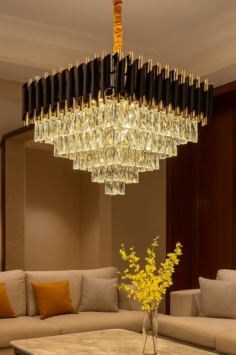 Image of TRIXY Chandeliers Lights for Ceiling Black Gold Square Crystal Pendant Light Lamp | 2 Tier, K9 Crystal 300mm Elegant Jhoomar Lamp for Living Room, Bedroom, Dining Area Home Decor Lighting Lamp