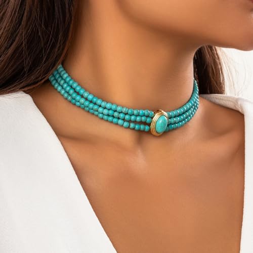 Octwine Boho Round Imitation Turquoise Layered Choker Necklace Multi Strands Vintage Choker 1920s Bridal Wedding Christmas Vintage Shiny Necklace for Women3