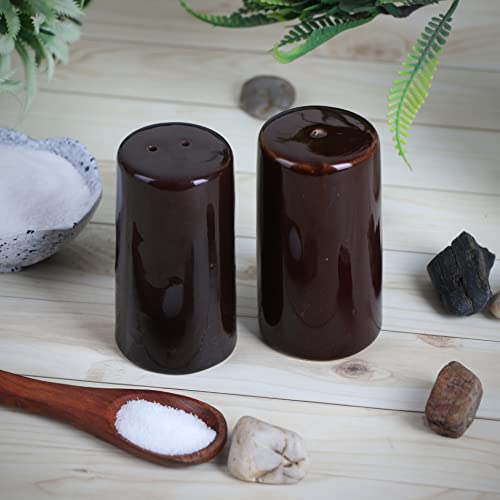 Image of QIMACPLUS Handcrafted Ceramic Salt and Pepper Shaker Set of 2 | Perfect Pour Holes for Kitchen, Dining Table, Picnic, Office, Restaurant, and Hotel (Brown)